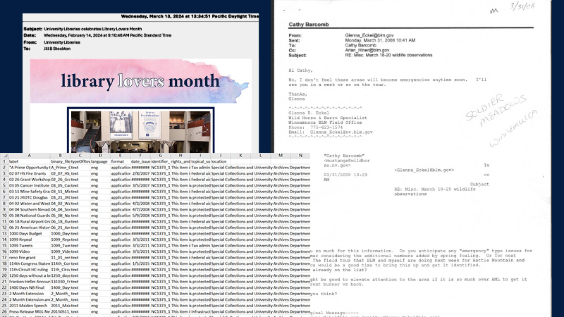 A collage of digital artifacts including two emails and one spreadsheet.