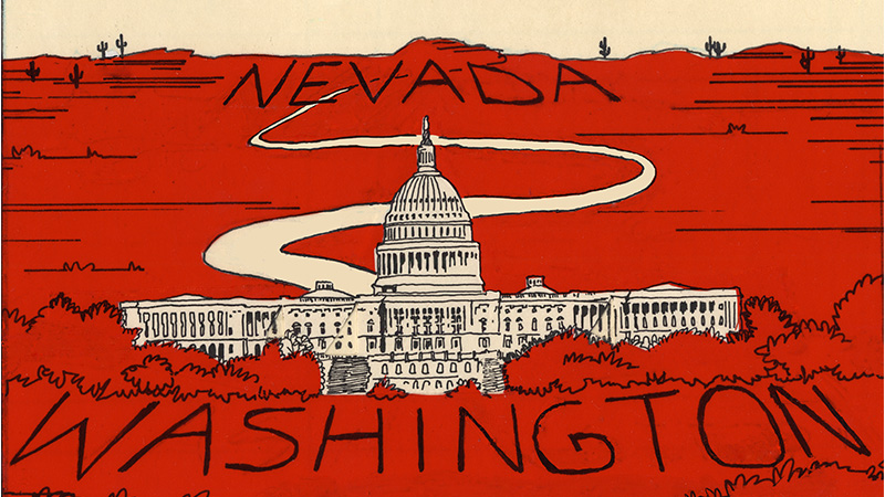 A graphic mock-up of the road from Nevada to Washington, D.C. that appeared in Senator Paul Laxalt's Washington Update newsletter from 1983 (83-01_5_2_1087, Special Collections and University Archives)