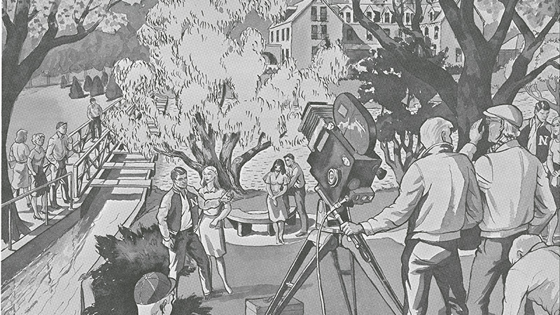 Centennial portfolio drawing by Craig Sheppard showing a scene from "The Movie Era" (1944-1954) when Hollywood discovered the quaint charm of the University of Reno campus and filmed a number of movies.