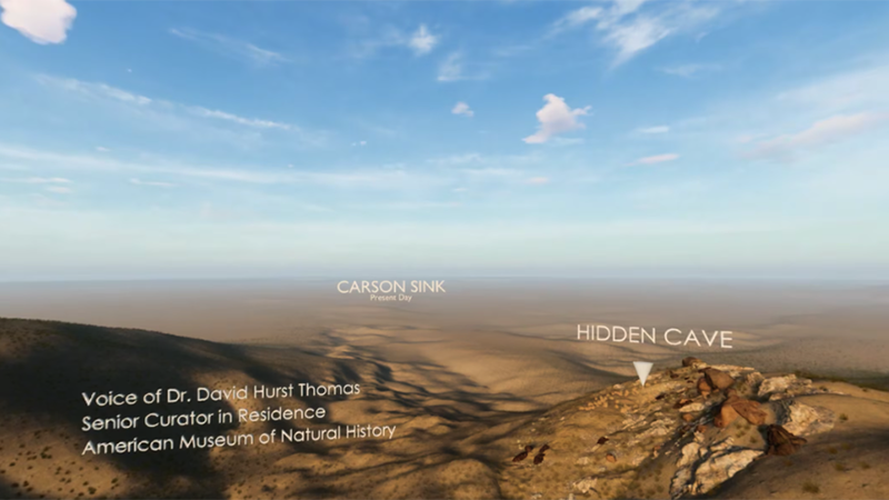 Still from the 360 video, showing a desert landscape, sky, and credits from the title card for the video.