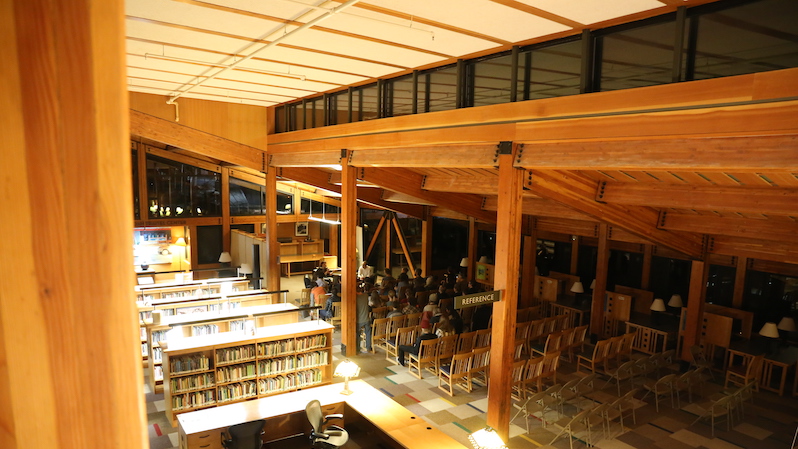 Interior of Prim Library in the evening.