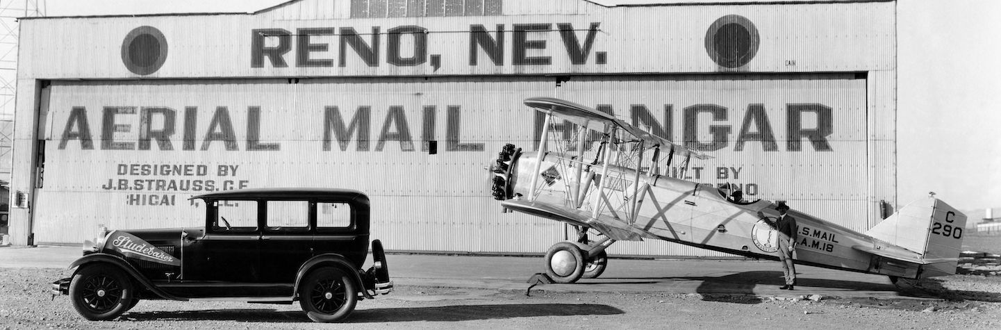 Photograph of Reno, Nevada; Aerial Mail Hangar; ca. 1930s; Photo by Nevada Photo Service;