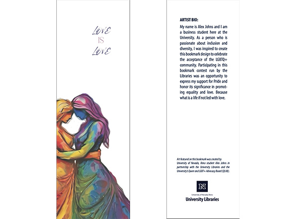 Winning art for the "Make your Mark" contest, showing two women embracing in rainbow colors.