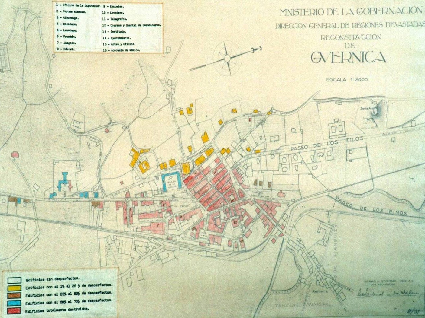 Map of Gernika showing much of the town center destroyed as indicated by red squares where buildings would have been