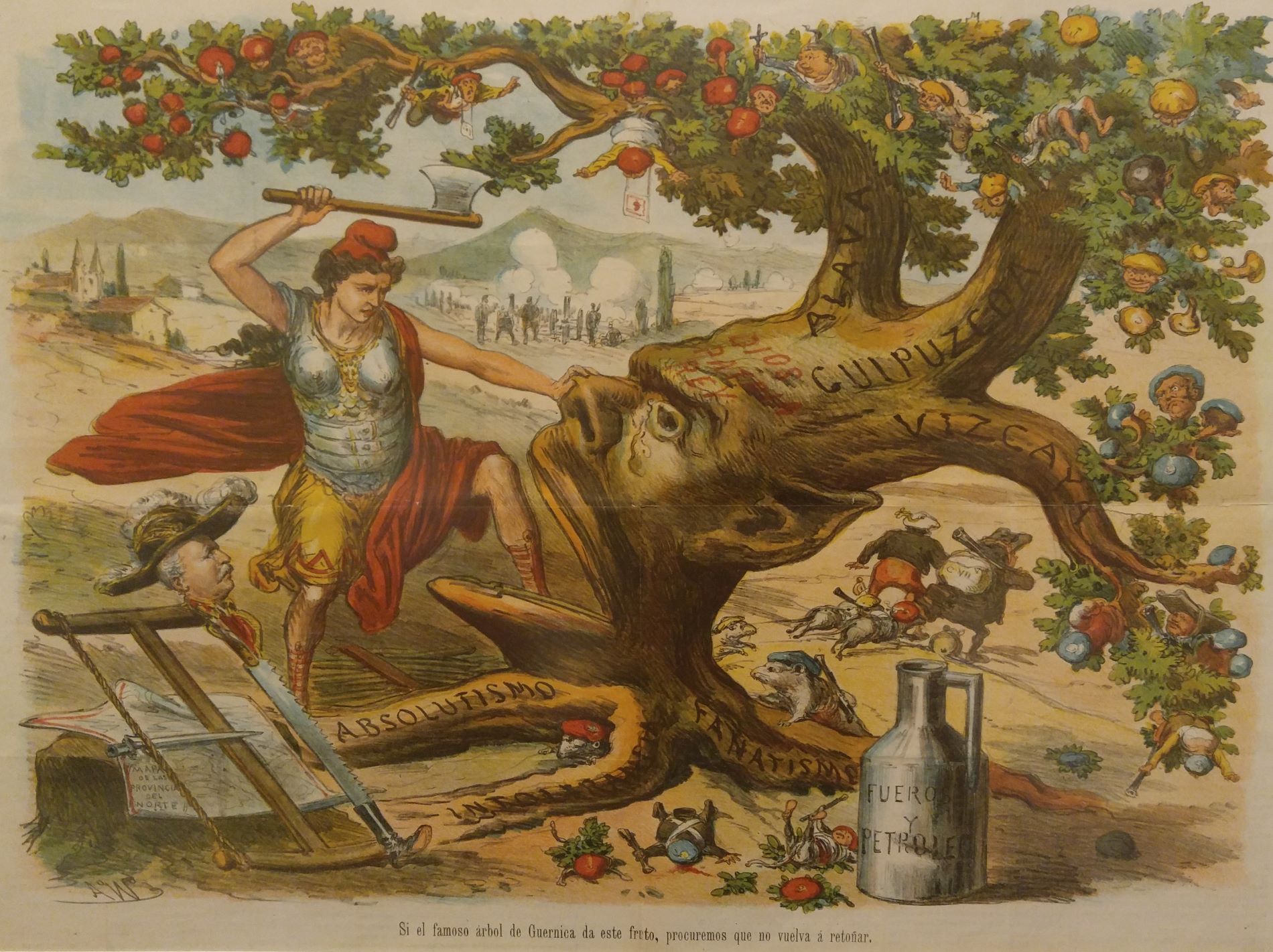 Colorful cartoon of the Tree of Gernika being chopped down by a person in armor
