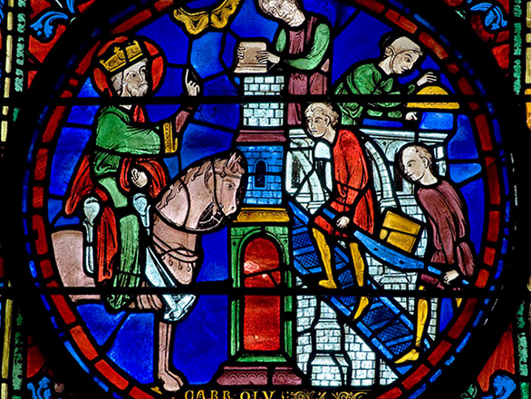 A vibrant stained glass window showing a man on horseback speaking to other men building a structure.