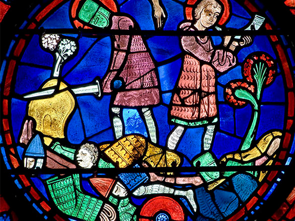 A vibrant stained glass window showing Roland hitting his sword into a rock.