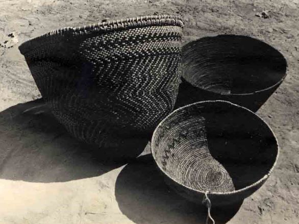 A display of baskets in black and white
