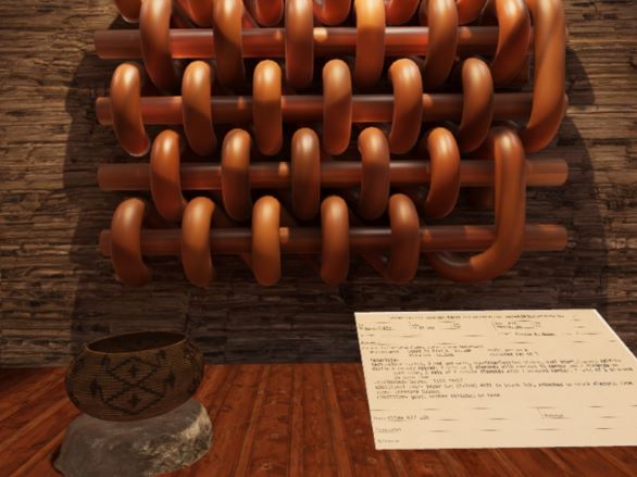 Basket exhibit with a basket, notes, and a weaving display