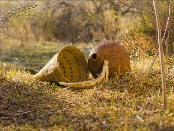 Baskets sit on the ground in a dry grass setting.