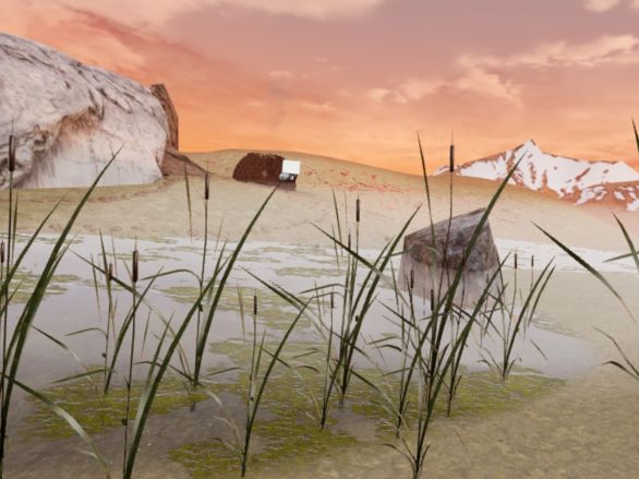 Diorama of a wetland with Native buildings and mountains