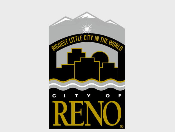 City of Reno logo showing the skyline superimposed on illustrations of mountains with the words "Biggest little city in the world, City of Reno."