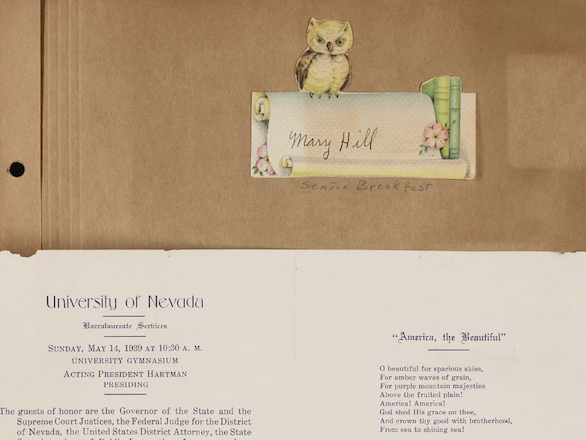 Page from the scrapbook showing her name, an owl and part of a graduation program.