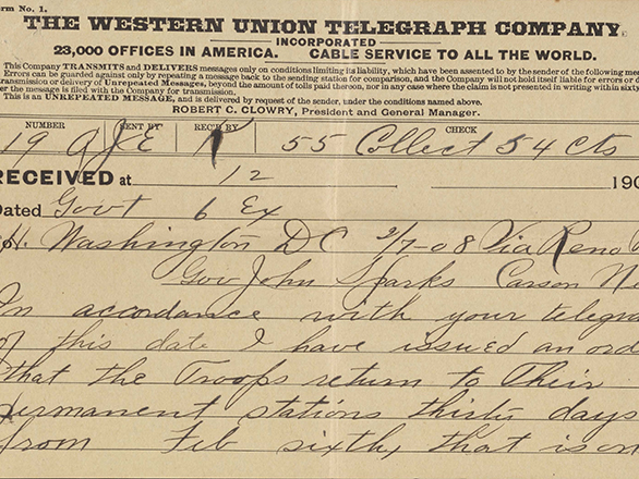 Telegram to John Sparks from Theodore Roosevelt. ID: 2015-24_2_1_13_3