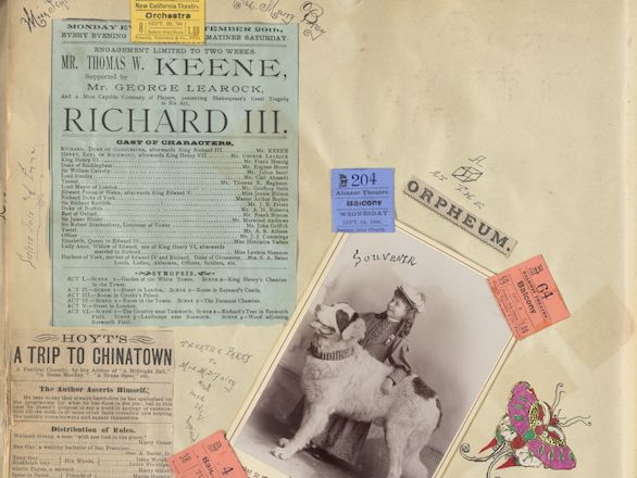 Selection from the scrapbook, showing numerous clippings from various cultural pamphlets. The page also includes an image of a young woman on a horse.