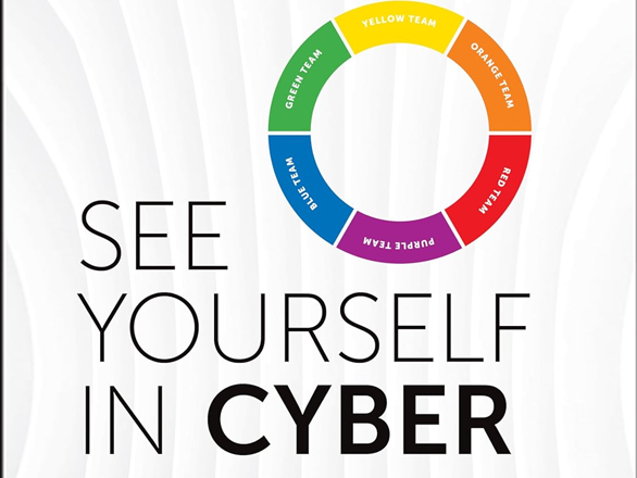 An abstract background with a color wheel on it. Text reads: "See yourself in Cyber".