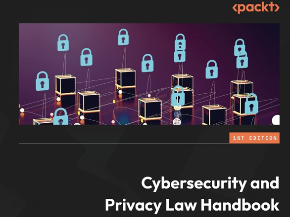 An abstract background with cubes and locks in a pattern. Text reads: "1st edition. Cybersecurity and privacy law handbook."
