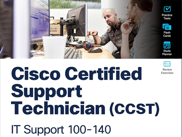 A background image of two men looking at a computer with text that reads: "Cisco certified support technician (CCST) IT support 100-140"