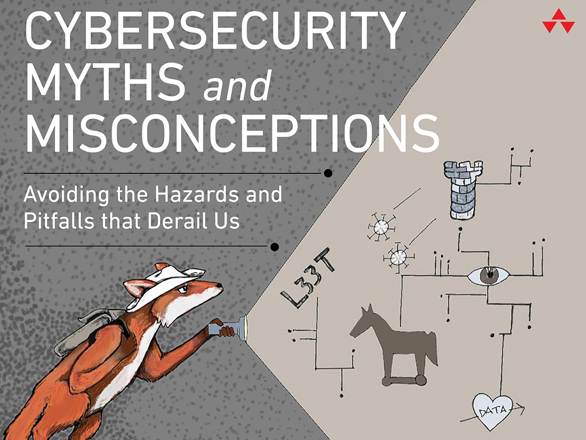 An animated fox shines a flashlight on small, decorative illustrations. Text reads: "Cybersecurity myths and misconceptions: Avoiding the Hazards and Pitfalls that Derail Us"
