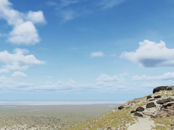 A view of a dry lakebed from the experience.