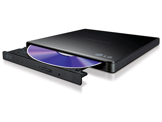 External DVD Drive with a blue DVD in the half-opened drive