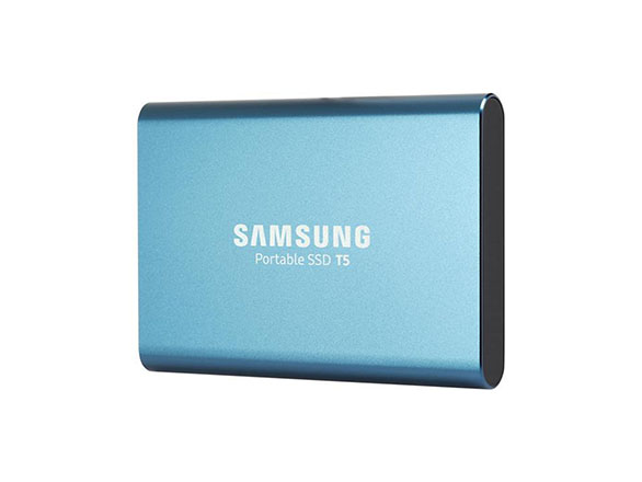 Light blue Samsung T5 SSD.