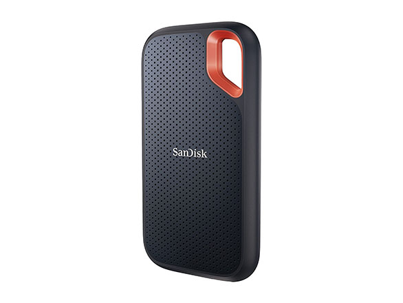 Orange and black SanDisk Portable SSD.
