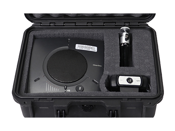 Conferencing Kit with square speaker box, microphone, and web camera