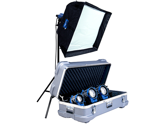 Arri Kit with large rectangular light, and three round lights in a carrying case