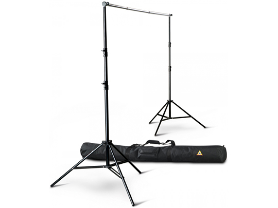 Two folding vertical stands with a horizontal cross beam and a black cylindrical carrying case