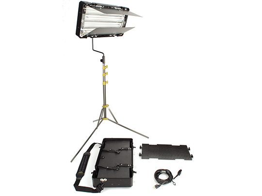 Rectangular light bar on a folding stand and black carrying case with a shoulder strap and cable
