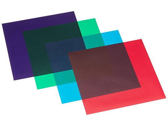Color Gel squares in red, blue, green, and purple