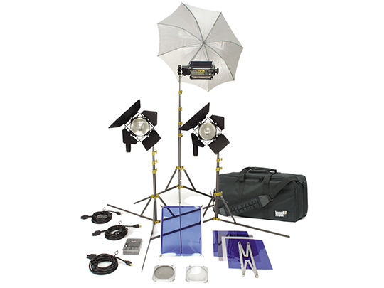 White light umbrella on folding stand with two lights on folding stand, cables, and lighting gels