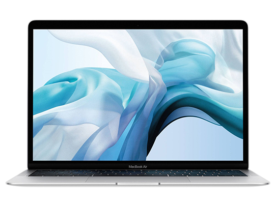 Black and silver MacBook Air with blue swirl screensaver displayed