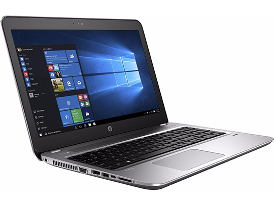 Black and silver HP Laptop showing a blue Microsoft Windows 10 home screen
