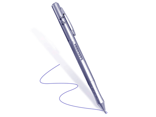 Silver laser pointer pen showing a scribble on a white background