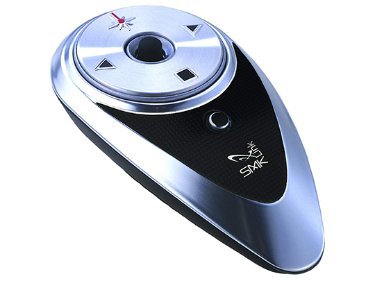 Silver projector remote with stop, forward, backward, and laser pointer buttons