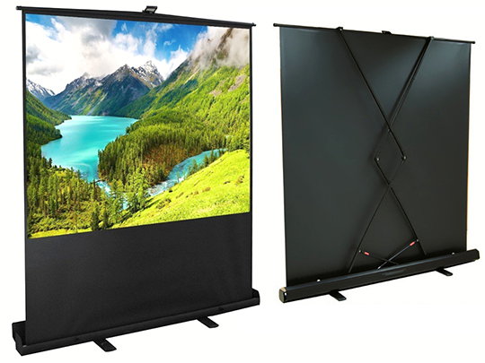 Two projection screens, one viewed from the back with support stand and one from the front showing a natural scene with hills and a blue sky
