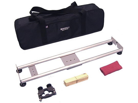 Microdolly with frame and wheels, attachments, and carrying case