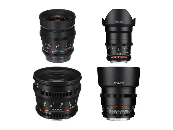 Four black Rokinon lenses in a variety of lens shapes.