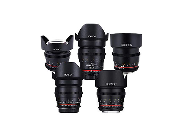 Assortment of five black lenses in a variety of sizes and lense shapes.