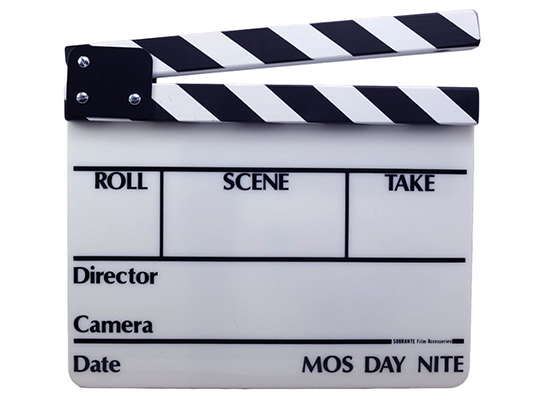 Scene Slate white rectangle with a clapper arm that says "roll," "scene," "take," "director," "camera," and "date"