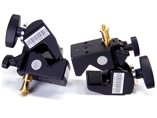 Two clamps with brass attachments and black plastic knobs