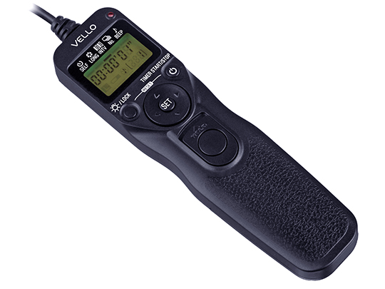 Vello Intervalometer Remote with toggle buttons, information screen, and cable