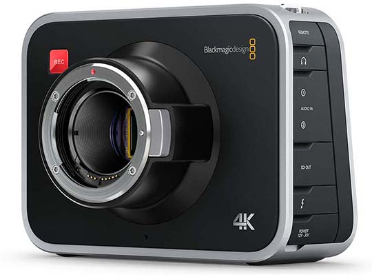 Black Magic rectangular camera with round viewfinder and side control buttons