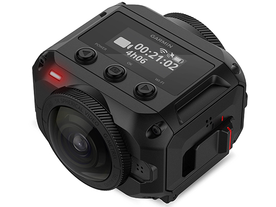 Black square Garmin Virb camera with red light and function buttons, with a display showing battery life, wifi access, and recording time