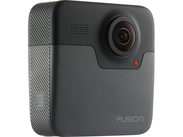 Black square GoPro Fusion 360 viewed from the front with lens