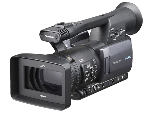 Panasonic HMC with large rectangular lens, inputs for mics, and control buttons