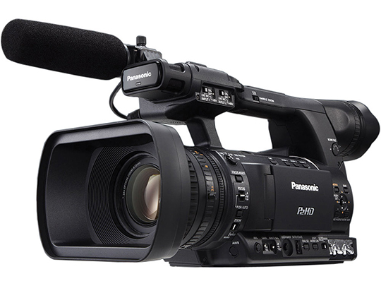 Panasonic HPX with large rectangular lens, large microphone, stationary viewfinder, and control buttons