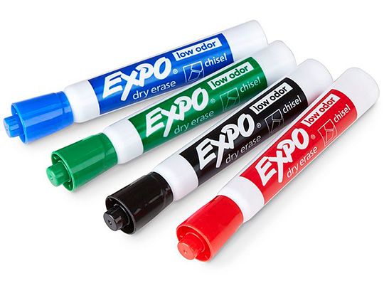 Red, black, green, and blue wide tip dry erase markers